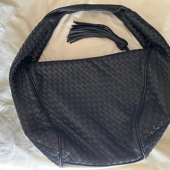 Milaner Italia Hallie Hobo Black Woven Nappa Leather Zip Top Bag Purse New - Picture 10 of 14
